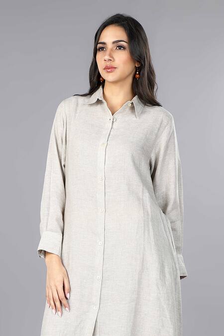 Gothilo_Beige Linen Collared Natural Shirt Style Kurta And Palazzo Set _at_Aza_Fashions