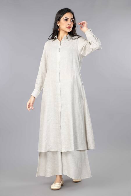 Buy_Gothilo_Beige Linen Collared Natural Shirt Style Kurta And Palazzo Set 