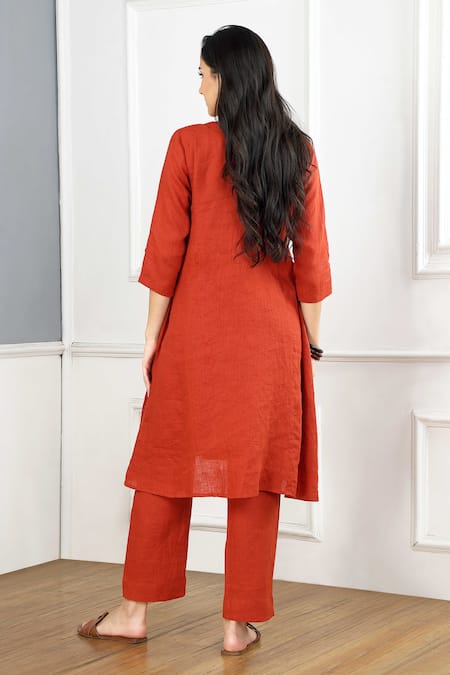 Gothilo Burnt Orange Linen Pleated Kurta Set 