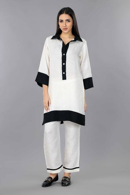 Gothilo_Ivory Linen Collared Shirt Style Kurta Set _Online_at_Aza_Fashions