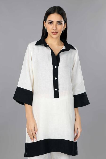 Gothilo_Ivory Linen Collared Shirt Style Kurta Set _at_Aza_Fashions