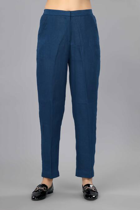 Gothilo_Blue Linen V-neck Indigo Jacket And Pant Set _at_Aza_Fashions