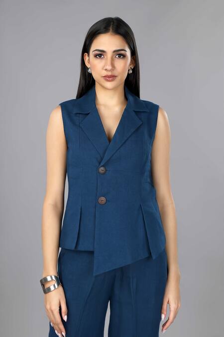 Buy_Gothilo_Blue Linen V-neck Indigo Jacket And Pant Set 