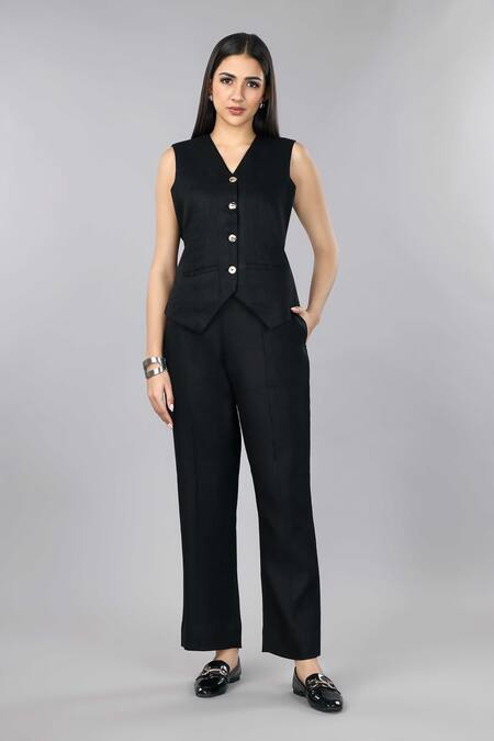 Gothilo_Black Linen V-neck Pitch Waistcoat Set _Online_at_Aza_Fashions