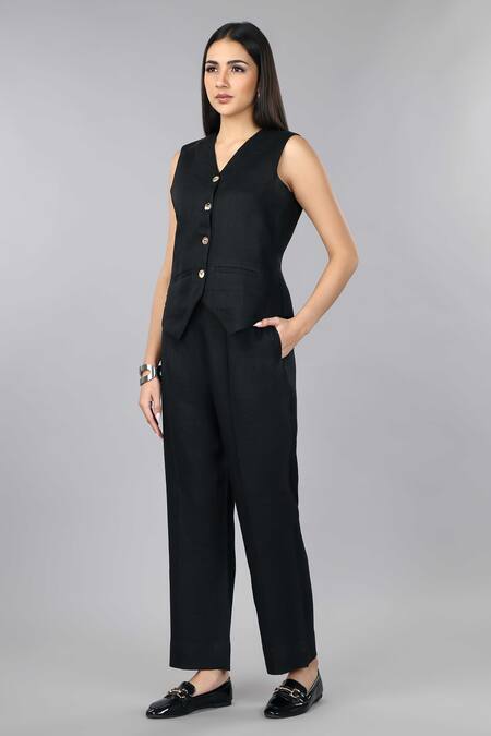 Buy_Gothilo_Black Linen V-neck Pitch Waistcoat Set _Online_at_Aza_Fashions