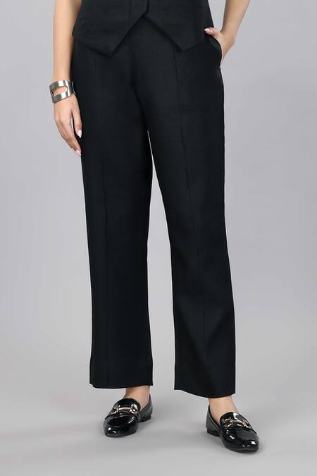 Shop_Gothilo_Black Linen V-neck Pitch Waistcoat Set _Online_at_Aza_Fashions