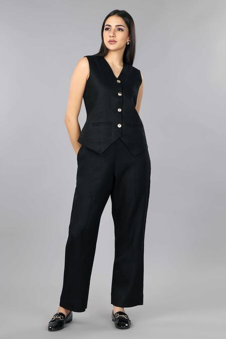 Gothilo_Black Linen V-neck Pitch Waistcoat Set _at_Aza_Fashions