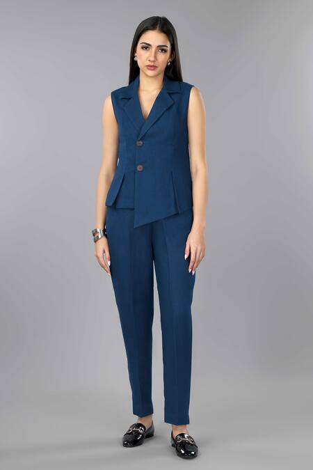 Gothilo_Blue Linen V-neck Tailored Indigo Jacket _Online_at_Aza_Fashions