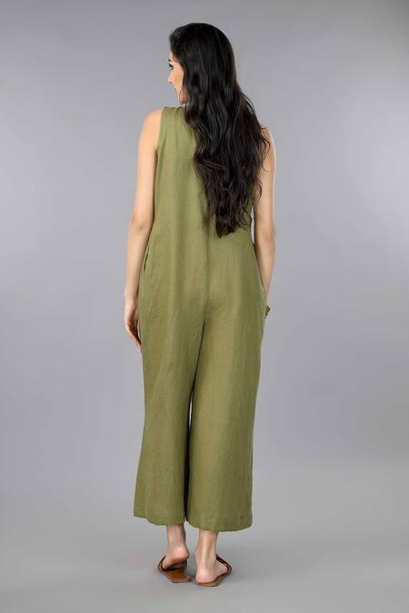 Gothilo Olive Linen Pleated Jumpsuit 