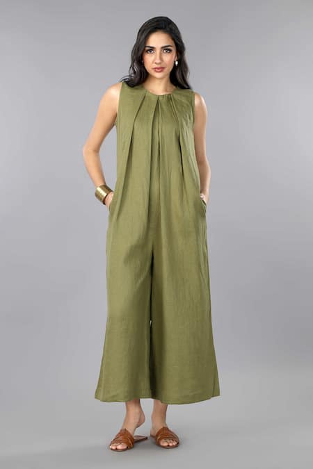 Gothilo_Olive Green Linen Crew Neck Pleated Jumpsuit _Online_at_Aza_Fashions