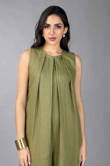 Buy_Gothilo_Olive Green Linen Crew Neck Pleated Jumpsuit _Online_at_Aza_Fashions