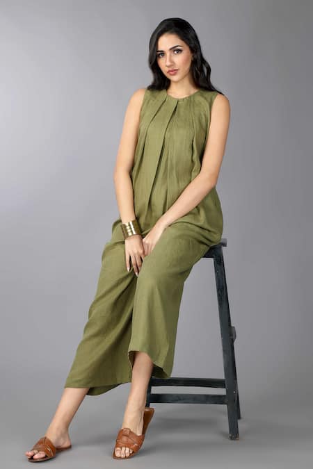 Shop_Gothilo_Olive Green Linen Crew Neck Pleated Jumpsuit _Online_at_Aza_Fashions