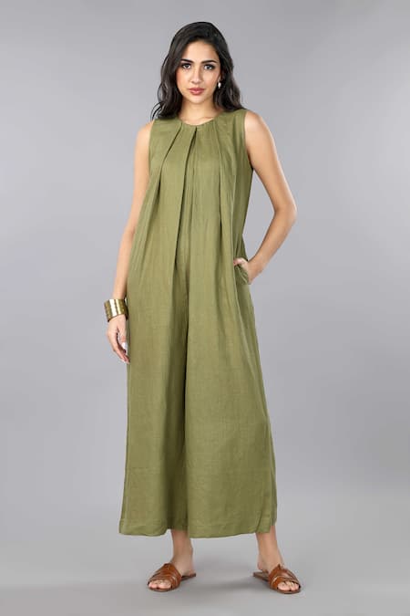 Buy_Gothilo_Olive Green Linen Crew Neck Pleated Jumpsuit 