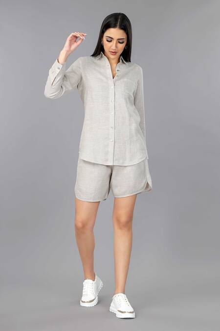Buy_Gothilo_Beige Linen Collared Natural Classic Shirt And Shorts Set _Online_at_Aza_Fashions