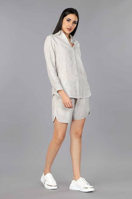Shop_Gothilo_Beige Linen Collared Natural Classic Shirt And Shorts Set _Online_at_Aza_Fashions
