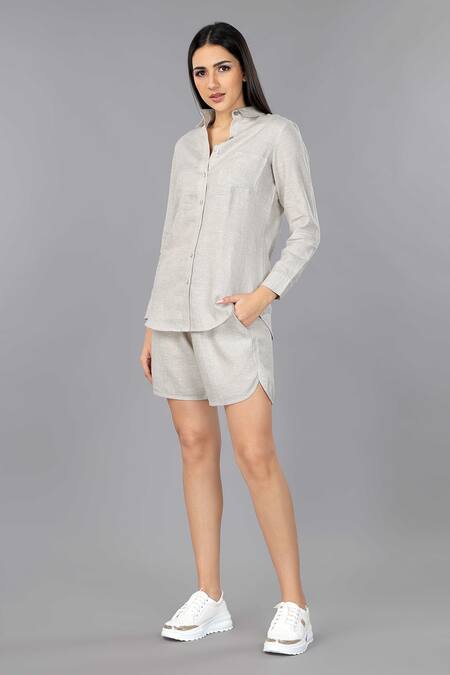 Gothilo_Beige Linen Collared Natural Classic Shirt And Shorts Set _at_Aza_Fashions