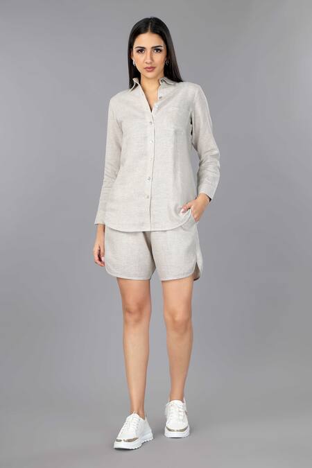 Buy_Gothilo_Beige Linen Collared Natural Classic Shirt And Shorts Set 