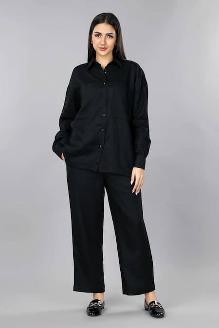 Gothilo_Black Linen Collared Pitch Oversized Shirt _Online_at_Aza_Fashions
