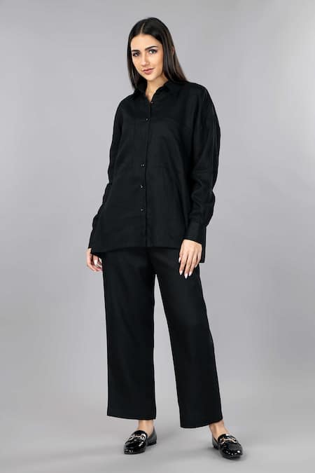Buy_Gothilo_Black Linen Collared Pitch Oversized Shirt _Online_at_Aza_Fashions