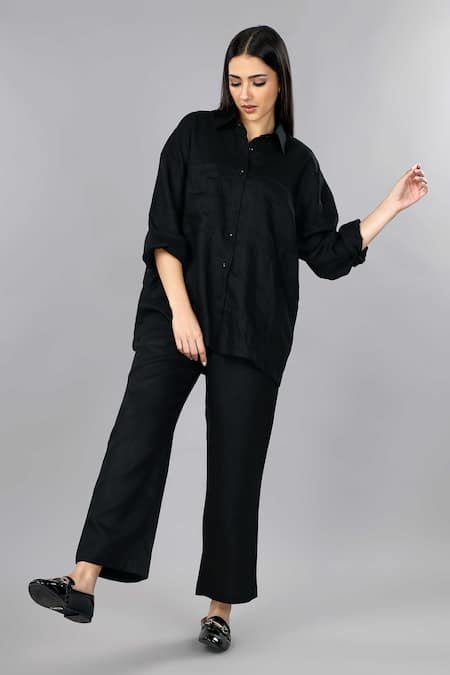 Shop_Gothilo_Black Linen Collared Pitch Oversized Shirt _Online_at_Aza_Fashions
