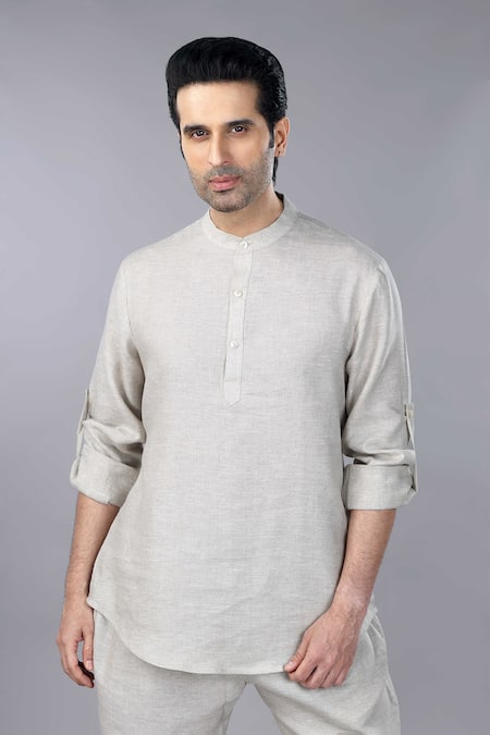 Gothilo_Gray Linen Natural Lounge Wear Set _Online_at_Aza_Fashions