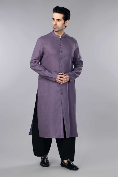 Gothilo_Purple Linen Berry Shervani Kurta And Salwar Set _Online_at_Aza_Fashions