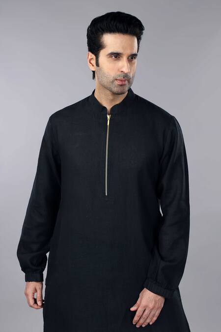 Buy_Gothilo_Black Linen Pitch Zipper Kurta And Jogger Pant Set _Online_at_Aza_Fashions