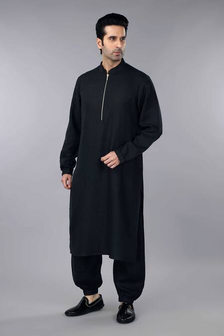 Shop_Gothilo_Black Linen Pitch Zipper Kurta And Jogger Pant Set _Online_at_Aza_Fashions