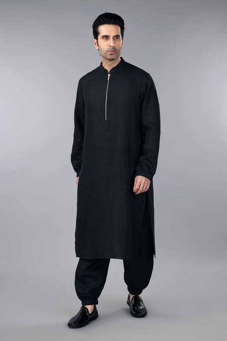 Gothilo_Black Linen Pitch Zipper Kurta And Jogger Pant Set _at_Aza_Fashions