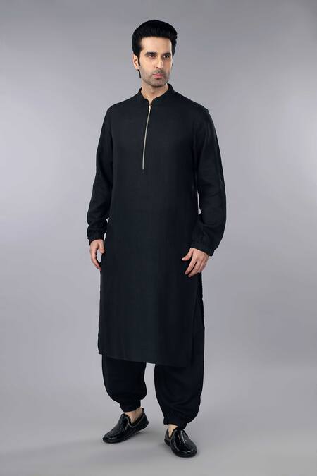 Buy_Gothilo_Black Linen Pitch Zipper Kurta And Jogger Pant Set 