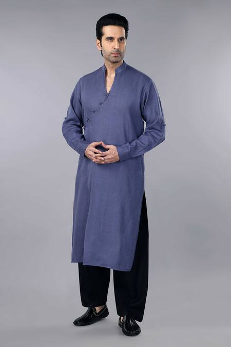 Gothilo_Slate Linen Grey Overlap Kurta And Salwar Set _Online_at_Aza_Fashions