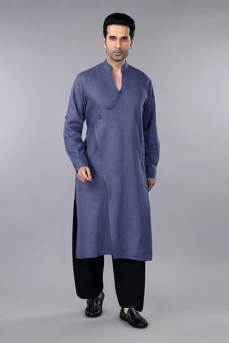 Buy_Gothilo_Slate Linen Grey Overlap Kurta And Salwar Set _Online_at_Aza_Fashions