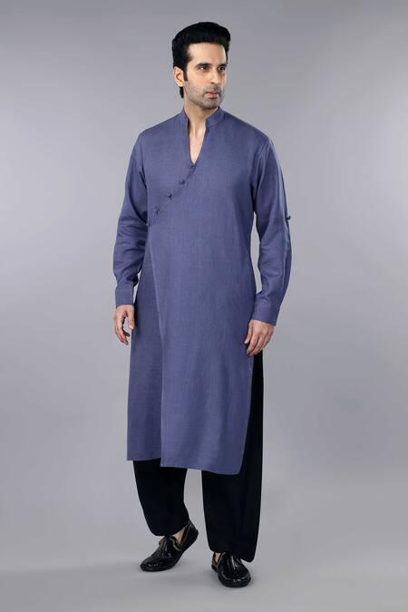 Shop_Gothilo_Slate Linen Grey Overlap Kurta And Salwar Set _Online_at_Aza_Fashions