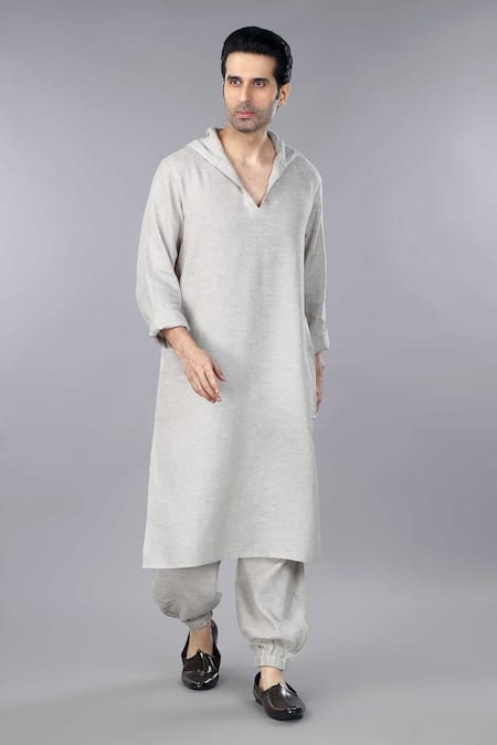 Shop_Gothilo_Beige Linen Natural Hoodie Kurta Set _Online_at_Aza_Fashions