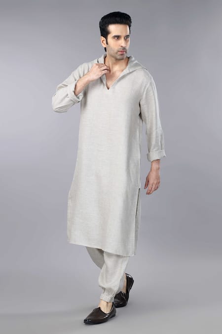 Gothilo_Beige Linen Natural Hoodie Kurta Set _at_Aza_Fashions