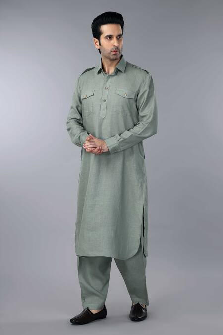 Gothilo_Green Linen Sage Pathani Suit _Online_at_Aza_Fashions