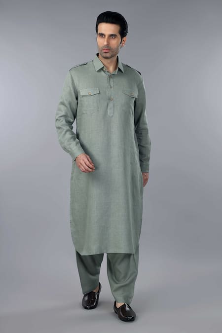 Buy_Gothilo_Green Linen Sage Pathani Suit _Online_at_Aza_Fashions