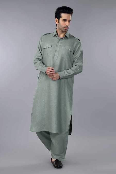 Shop_Gothilo_Green Linen Sage Pathani Suit _Online_at_Aza_Fashions