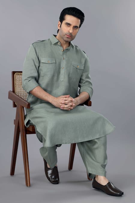 Gothilo_Green Linen Sage Pathani Suit _at_Aza_Fashions
