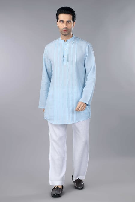 Gothilo_Blue Linen Iceberg Pintucks Kurta Set _Online_at_Aza_Fashions
