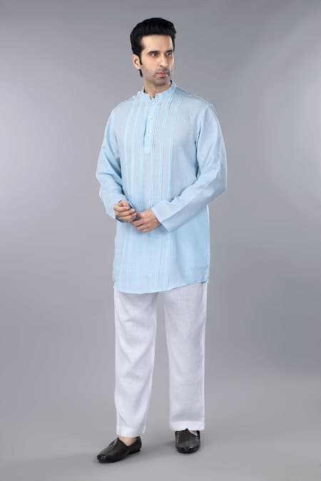 Shop_Gothilo_Blue Linen Iceberg Pintucks Kurta Set _Online_at_Aza_Fashions
