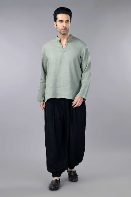 Buy_Gothilo_Green Linen Sage Kurta And Balloon Pant Set _Online_at_Aza_Fashions