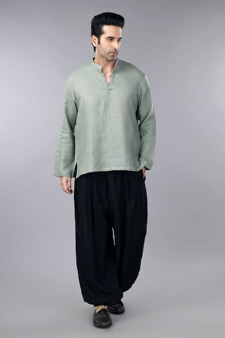 Shop_Gothilo_Green Linen Sage Kurta And Balloon Pant Set _Online_at_Aza_Fashions