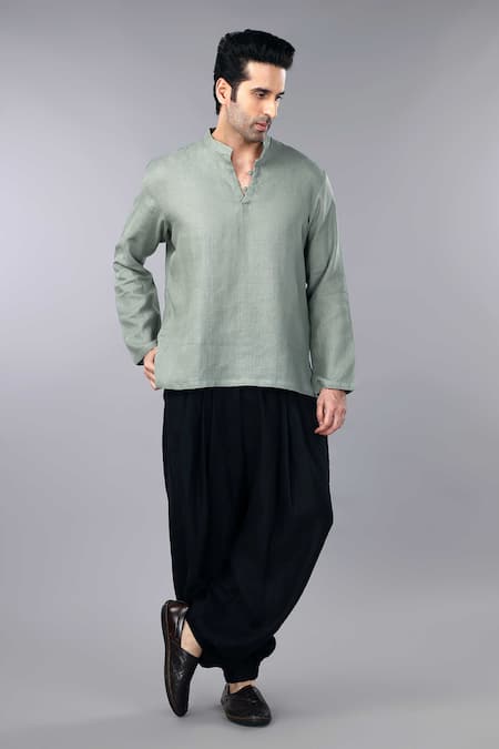 Gothilo_Green Linen Sage Kurta And Balloon Pant Set _at_Aza_Fashions