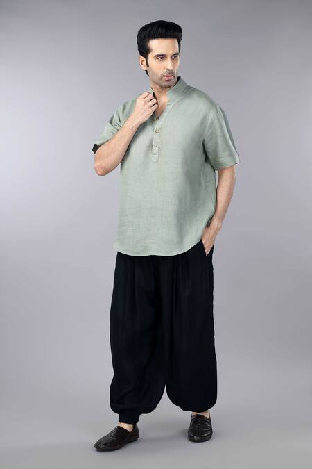 Shop_Gothilo_Green Linen Casual Short Sleeves Shirt _at_Aza_Fashions