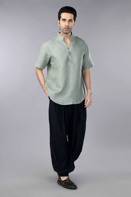 Gothilo_Green Linen Casual Short Sleeves Shirt _Online_at_Aza_Fashions