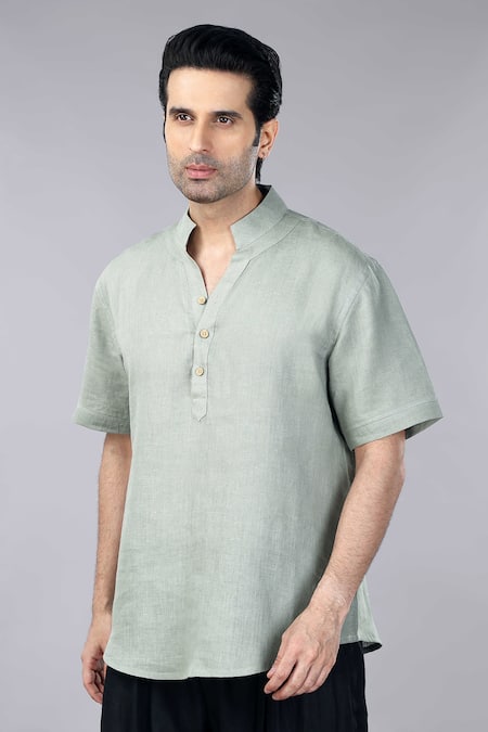 Buy_Gothilo_Green Linen Casual Short Sleeves Shirt _Online_at_Aza_Fashions