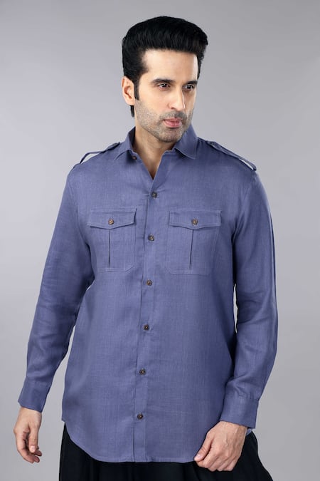 Gothilo_Slate Linen Grey Pocket Shirt _at_Aza_Fashions