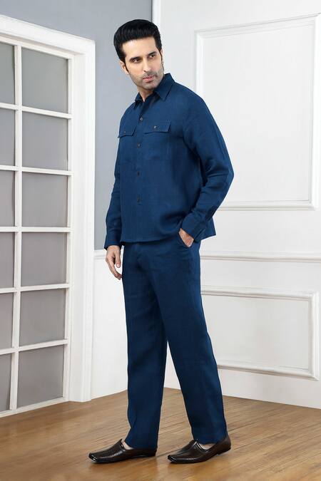 Gothilo Blue Linen Indigo Pocket Shirt Online at Aza Fashions Gothilo_Blue Linen Indigo Pocket Shirt _Online_at_Aza_Fashions