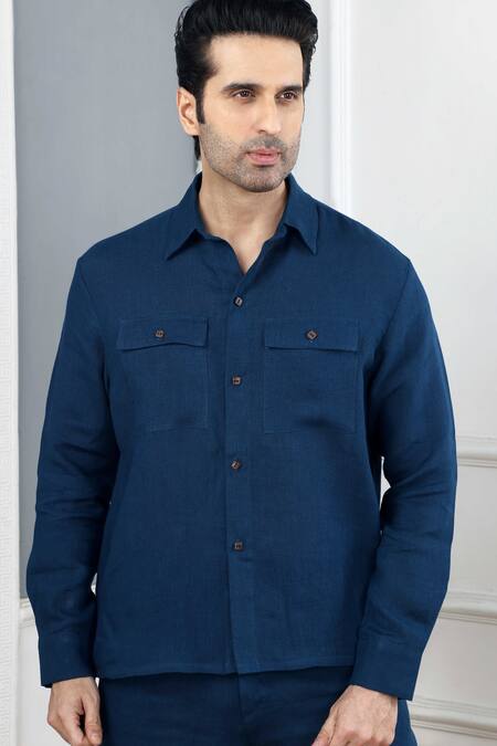 Shop Gothilo Blue Linen Indigo Pocket Shirt Online at Aza Fashions Shop_Gothilo_Blue Linen Indigo Pocket Shirt _Online_at_Aza_Fashions
